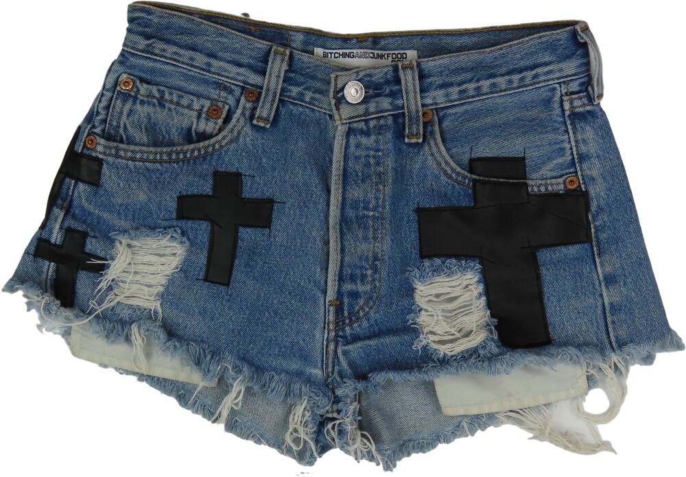 Bitching and Junkfood Cross Faux Patches Cutoff Denim Jean Shorts